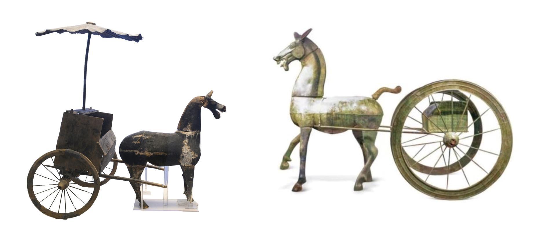 △左為漢代木軺車，藏于青海省博物館；右為東漢銅車馬，藏于黔西南州博物館。